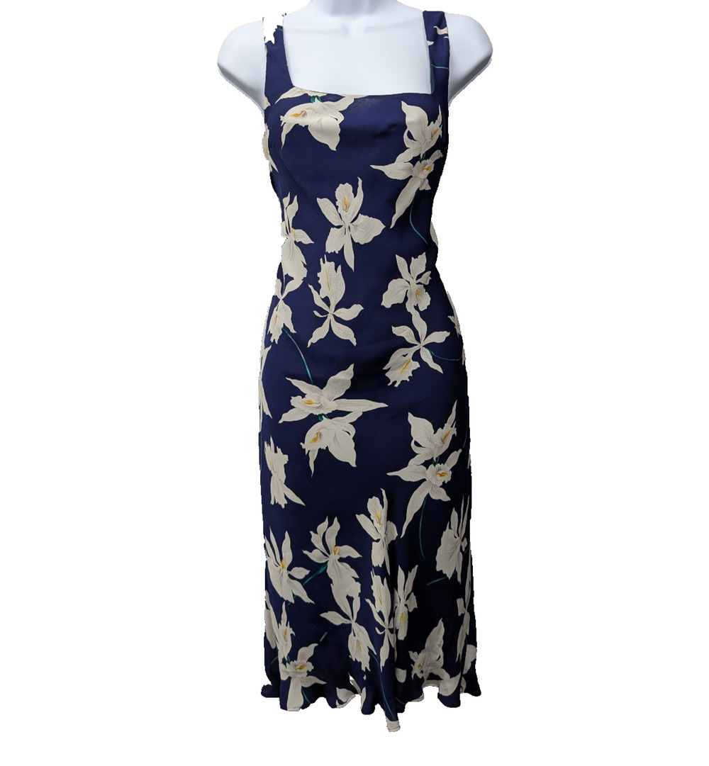 Ralph Lauren Silk Midi Dress Women 4 Blue Old Money 90s Floral Iris Quiet Luxury